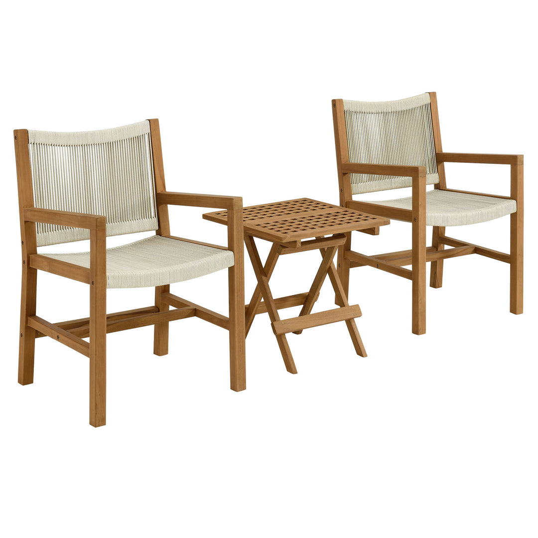 Veranda 3-Piece Outdoor Patio Teak and Rope Armchairs with Folding Side Table