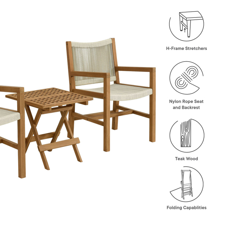 Veranda 3-Piece Outdoor Patio Teak and Rope Armchairs with Folding Side Table