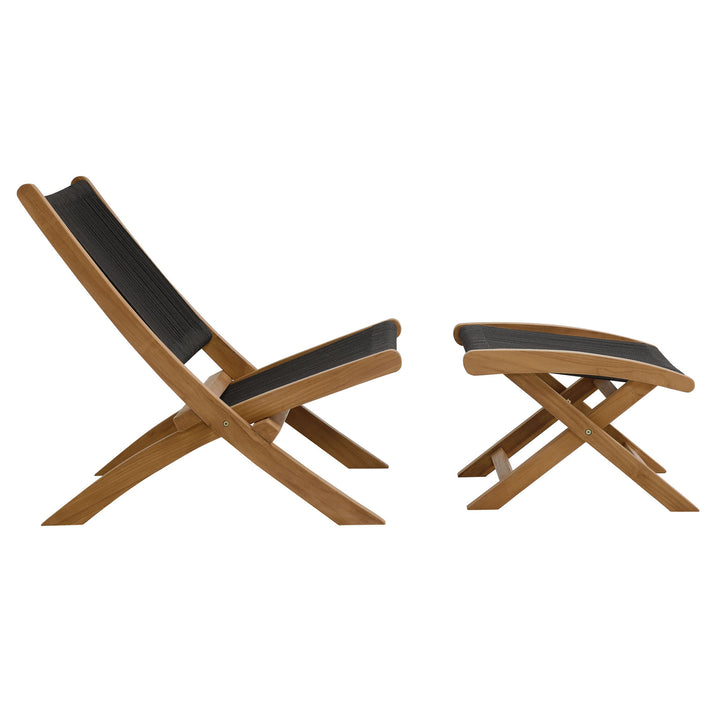 Valencia 2-Piece Outdoor Patio Teak and Rope Folding Accent Lounge Chair and Ottoman Set