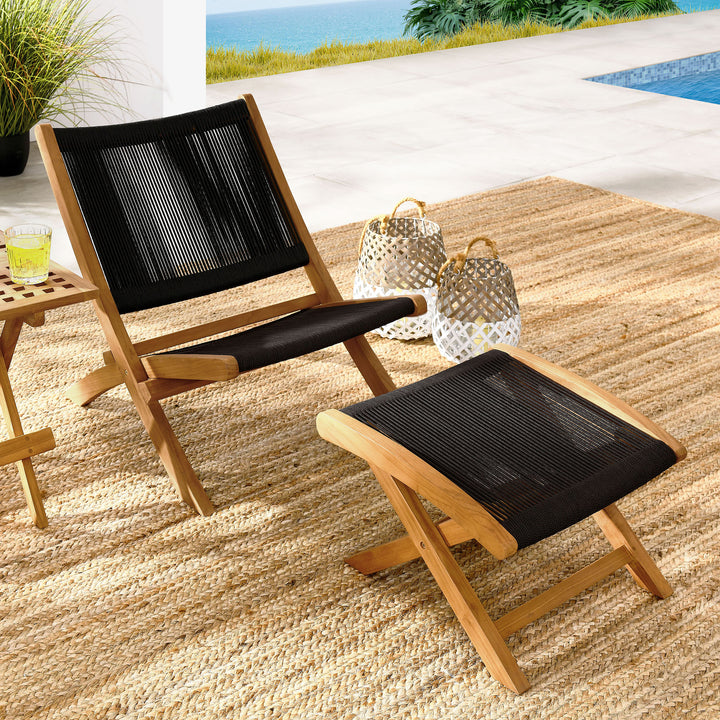 Valencia 2-Piece Outdoor Patio Teak and Rope Folding Accent Lounge Chair and Ottoman Set