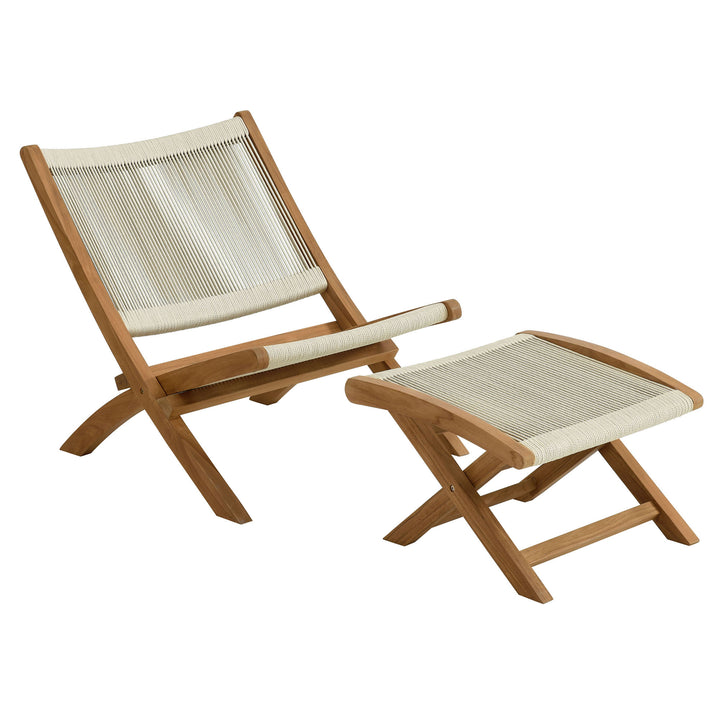 Valencia 2-Piece Outdoor Patio Teak and Rope Folding Accent Lounge Chair and Ottoman Set