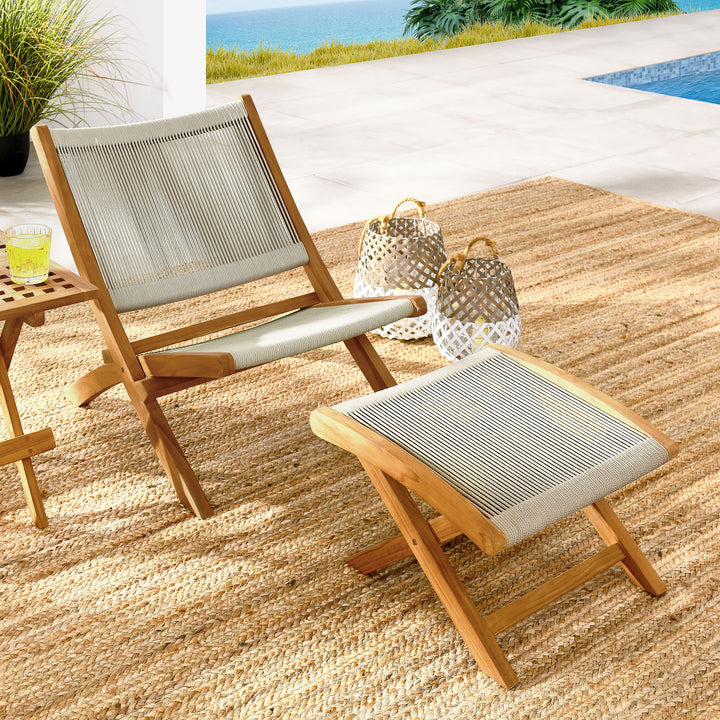 Valencia 2-Piece Outdoor Patio Teak and Rope Folding Accent Lounge Chair and Ottoman Set