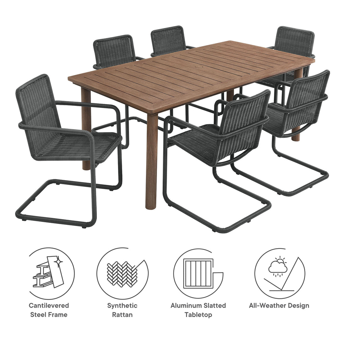 Aurora 7-Piece Rectangular Outdoor Patio Aluminum Dining Table Set with Rattan Armchairs