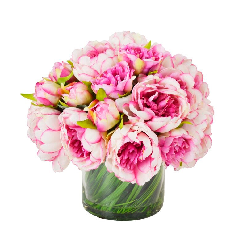 Peony Arrangement in Glass Vase with Grass