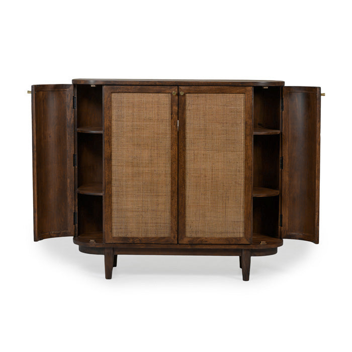 Curvy Porto Solid Wood Display Cabinet with Elegant Cane Accents
