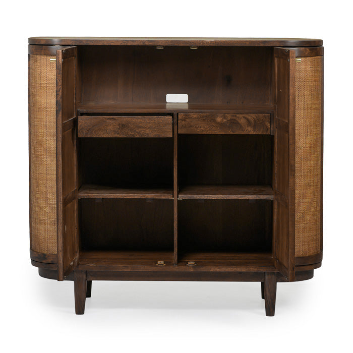 Curvy Porto Solid Wood Display Cabinet with Elegant Cane Accents
