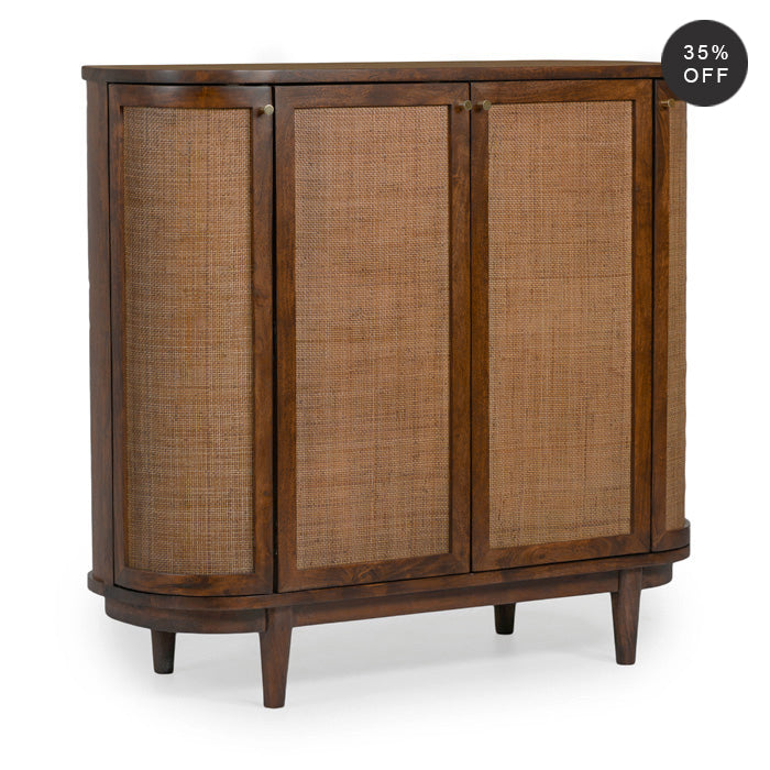 Curvy Porto Solid Wood Display Cabinet with Elegant Cane Accents