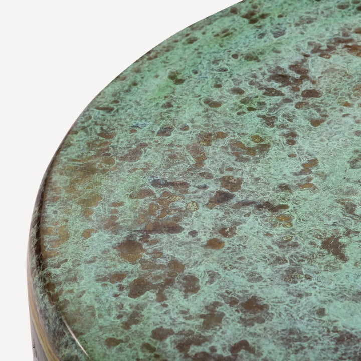 Aged-Metal Drum Side Table with Unique Patina Finish