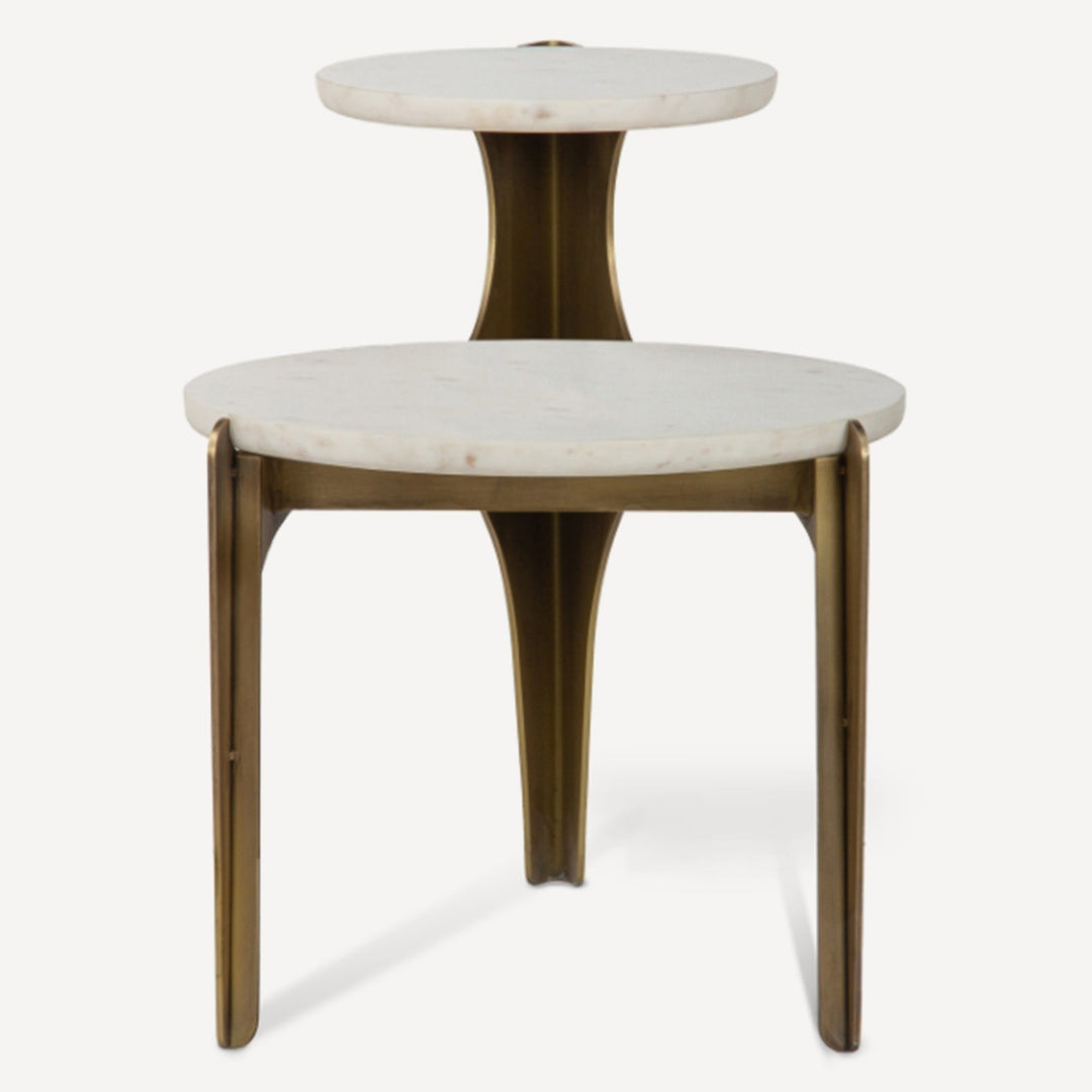 Sculptural Antique Brass Marble Side Table Duo