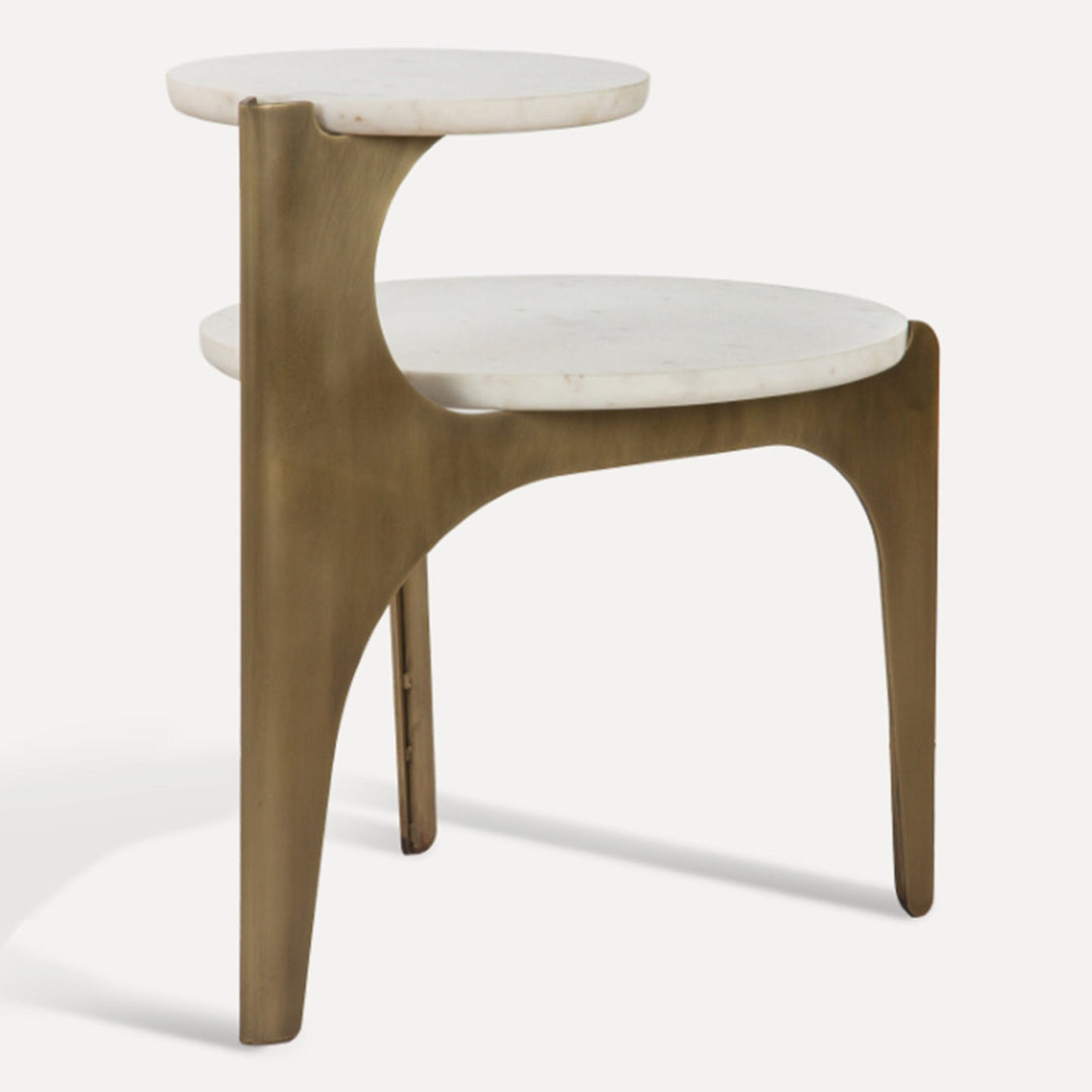 Sculptural Antique Brass Marble Side Table Duo