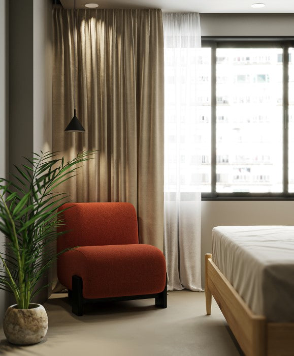 Bold Cinnamon Boucle Geometric Leg Solid Oak Sitting Gem