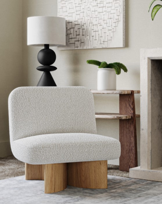 Charming Bouclé Swivel Lounge Chair in Solid Oak