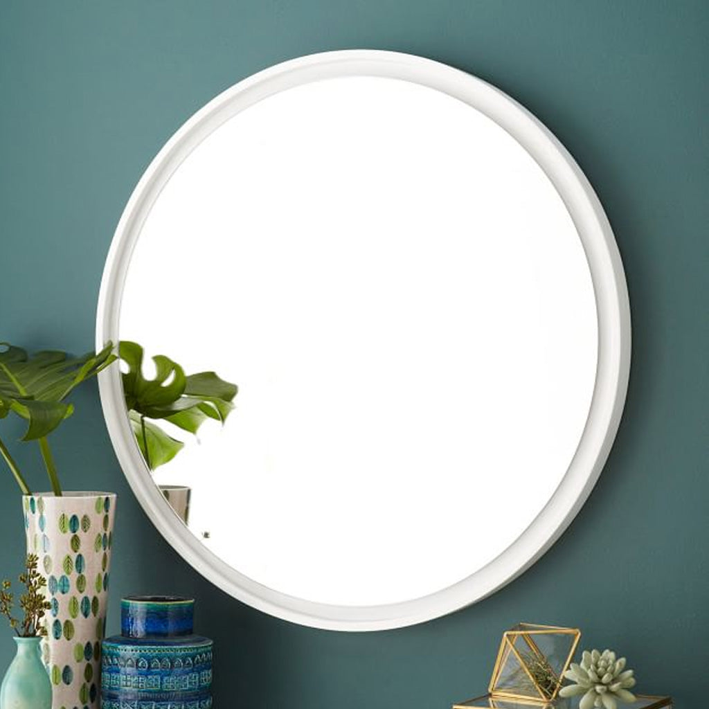 Floating Round Wood Mirror - White