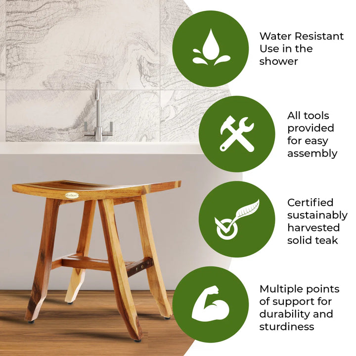 EcoDecors' Satori, Teak Shower Bench, Teak Shower Stool, Teak Stool for Inside Shower, Small Shower Stool, Teak Foot Rest, Teak Shower Bench for Inside Shower, in Earthy Teak