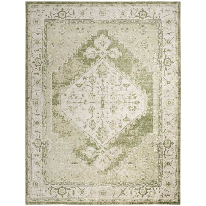 Haydel Oriental Machine Washable Power Loom Polyester Area Rug in Ivory/Green