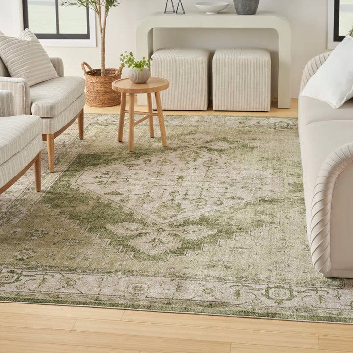 Haydel Oriental Machine Washable Power Loom Polyester Area Rug in Ivory/Green
