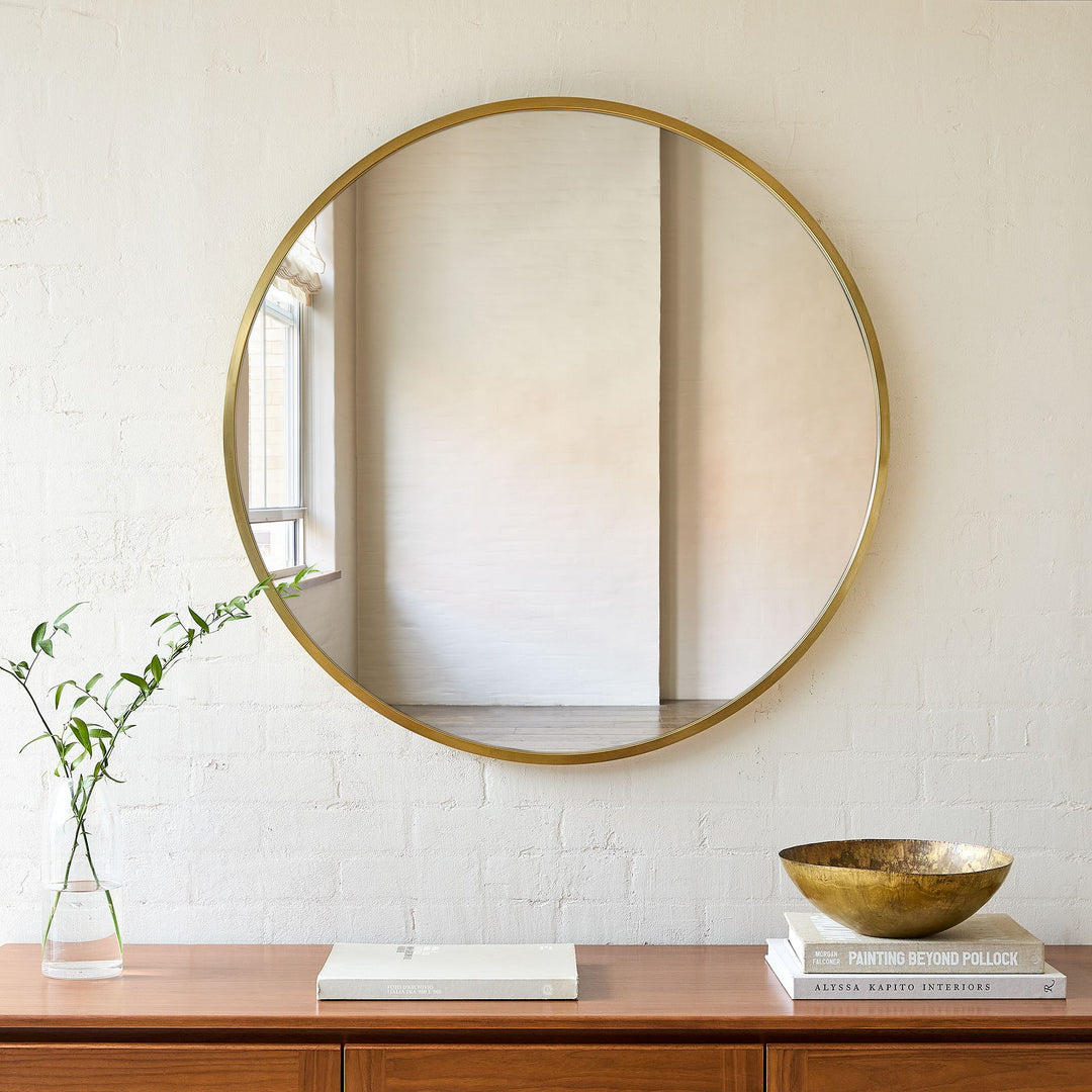 Metal Frame Round Wall Mirror 48" Brass