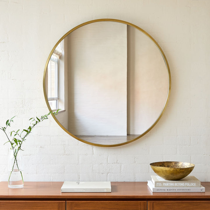 Metal Frame Round Wall Mirror 48" Brass