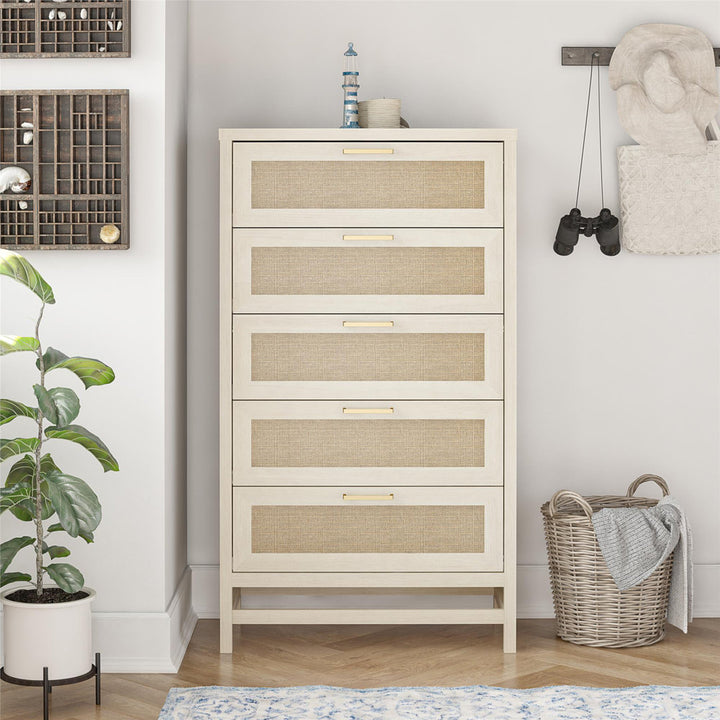 Barros Faux Rattan 5 Drawer 31.65" W Chest Beachcrest Home™ Color: Ivory Oak