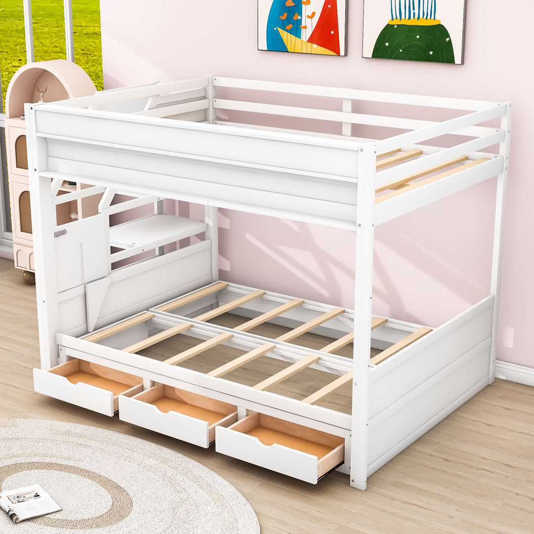 Dalvey Kids Full Over Full 3 Drawers Convertible Futon Bunk Bed with Storage Staircase Harriet Bee Bed Frame Color: White