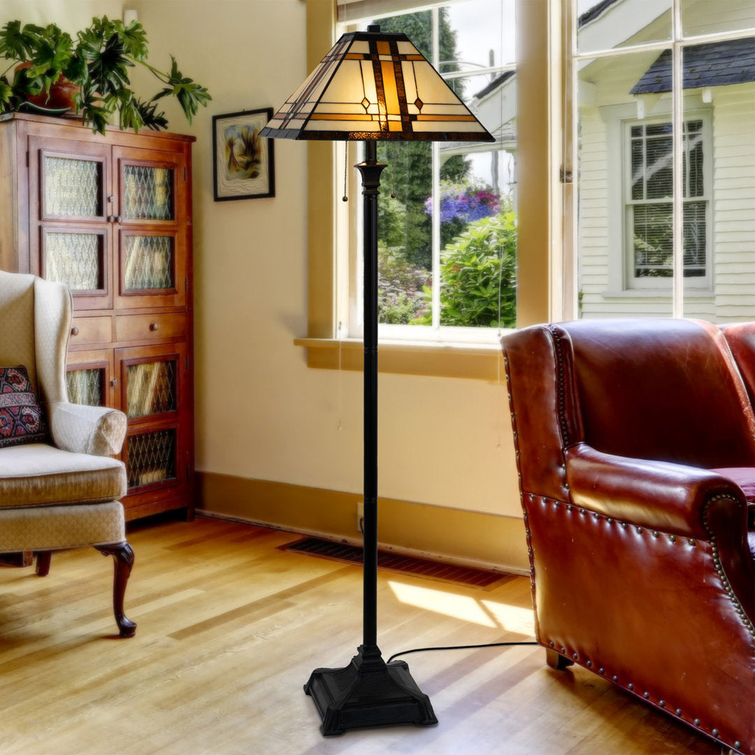 Damico 61" Tiffany Style Floor Lamp – Mission Design Standing Light with Art Glass Lampshade and 2 LED Bulbs – Vintage Look Accent Decor Millwood Pines