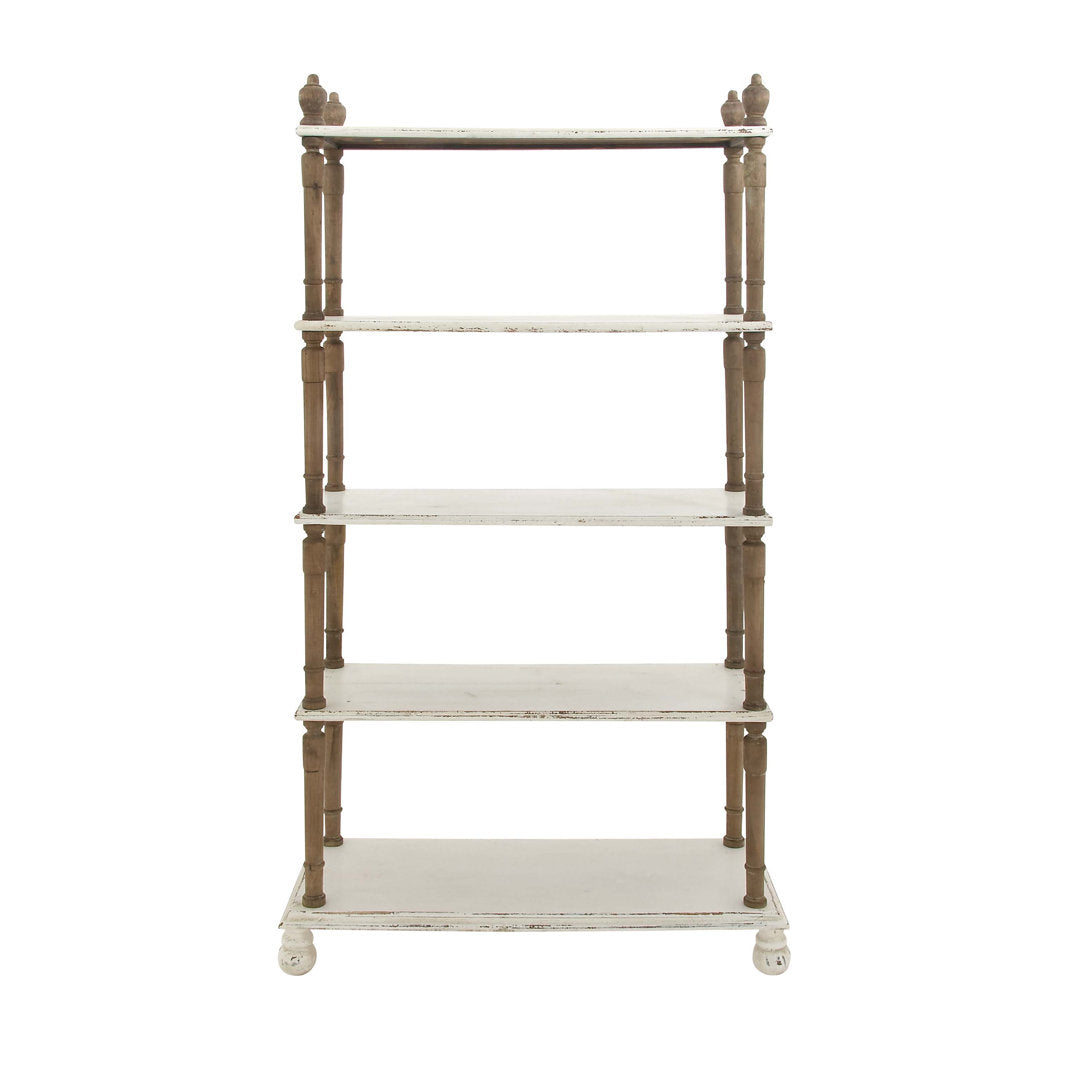 Elodie White Wood Distressed Open 5 Shelf Shelving Unit with Brown Spindle Sides and Ball Feet Kelly Clarkson Home