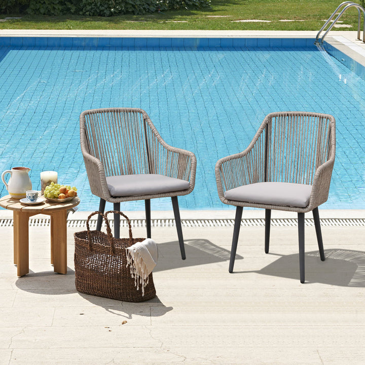 Cassil Patio Dining Armchair with Cushion (Set of 2) Wade Logan® Frame Color/Cushion Color: Beige Frame/Light Gray Cushion