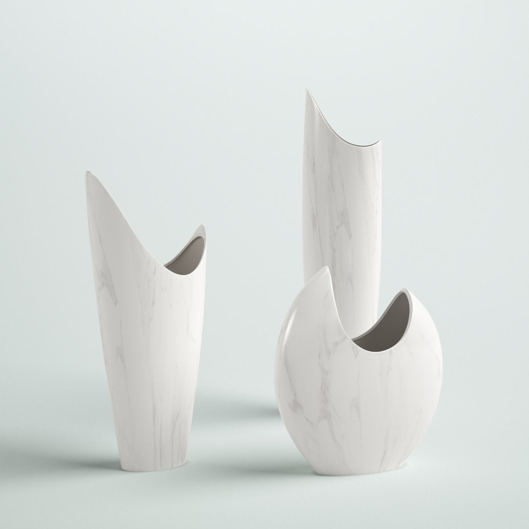 Pyron 3 Piece White/Charcoal Indoor / Outdoor Ceramic Table Vase Set Mercury Row®
