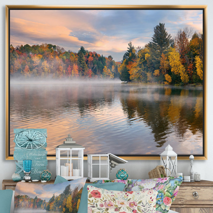 Autumn Foliage by the Lakeside - Photograph Print on Canvas The Twillery Co.® Size: 24" H x 32" W x 1" D Format: Gold Framed Canvas