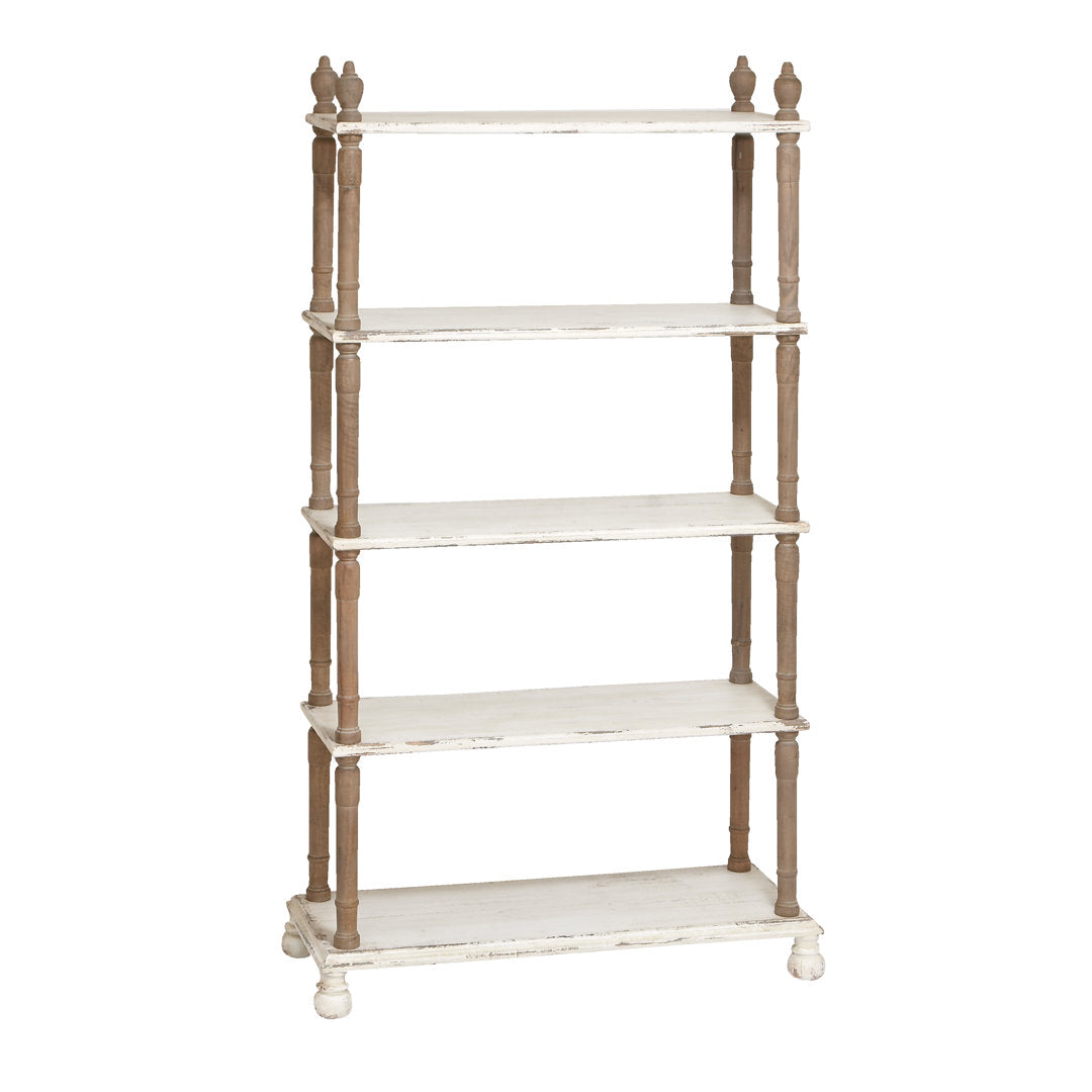 Elodie White Wood Distressed Open 5 Shelf Shelving Unit with Brown Spindle Sides and Ball Feet Kelly Clarkson Home