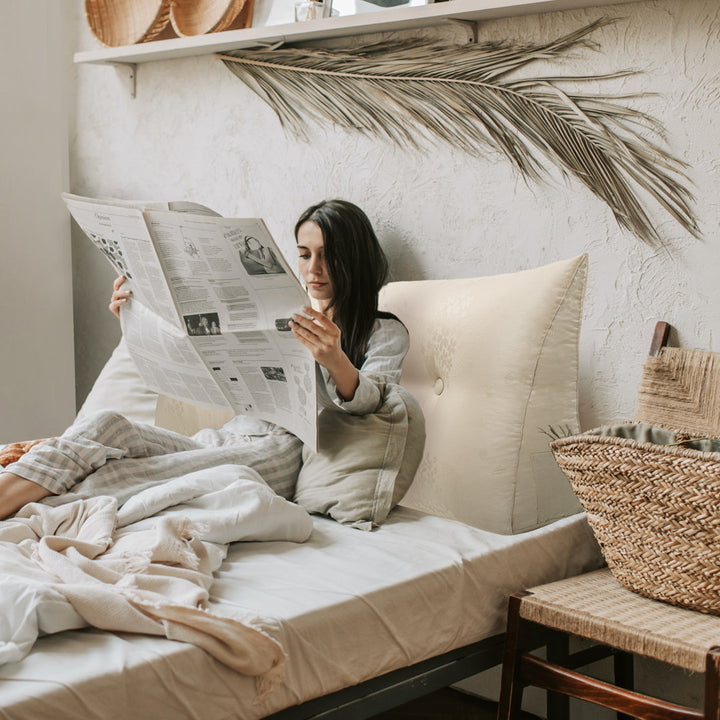 Sit-up Back Comfort Large Triangular Bolster Headboard Reading Wedge Pillow Versatile Bed Rest Positioning Support WOWMAX Color: Light Beige Size: 20"H x 76"W