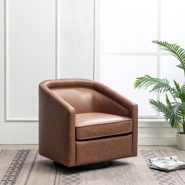 Kiersten 28.7" Wide Vegan Leather Swivel Barrel Chair Sand & Stable™ Leather Type: Walnut Faux Leather
