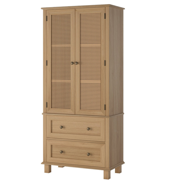 2-Door 2-Drawer Tall Locker With Faux Rattan And Faux Solid Wood Surface, 64.4"H X 28.54"W X 15"D Bay Isle Home™ Color: Brown