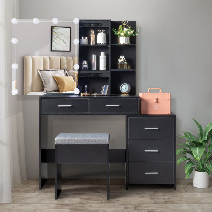 Calletano 44.3"Wide Makeup Vanity Set with Mirror Cabinet, Stool,5 Drawers Wade Logan® Color: Black