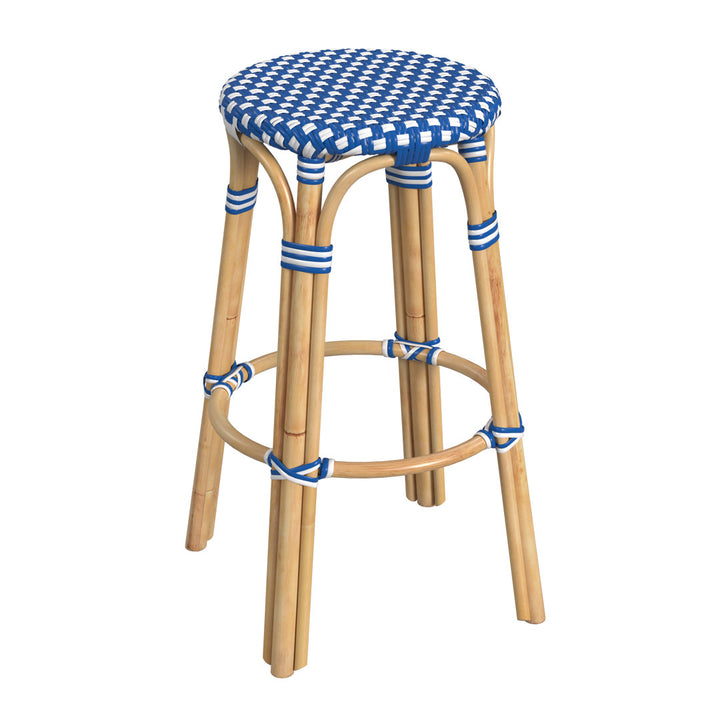 Alastair Bar & Counter Stool Birch Lane™ Color: Blue/White Dot/Natural Rattan Frame Seat Height: Bar Stool (30" Seat Height)