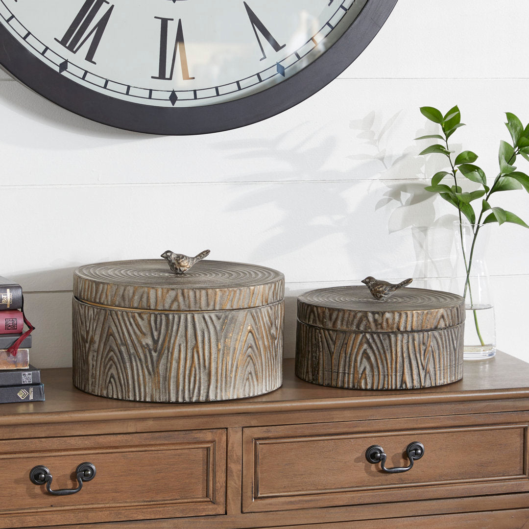 Tree Bark Texture and Bird Handled Lid 2 Piece Metal Box Set Dakota Fields