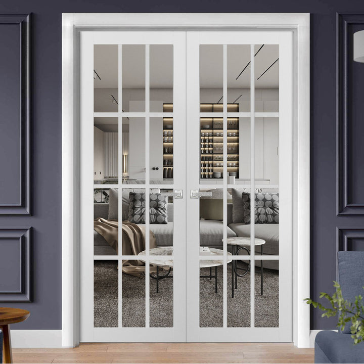 Felicia Clear Glass French White Doors with Installation Hardware Kit SARTODOORS Size: 60" x 96"