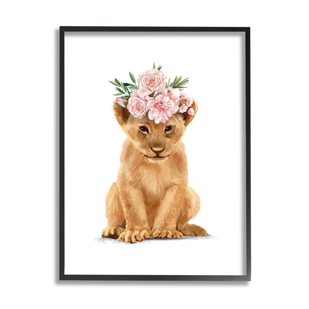 Boho Rose Floral Crown Lion Cub Safari Animal by Ziwei Li - Graphic Art Print Stupell Industries Size: 20" H x 16" W Format: Black Framed
