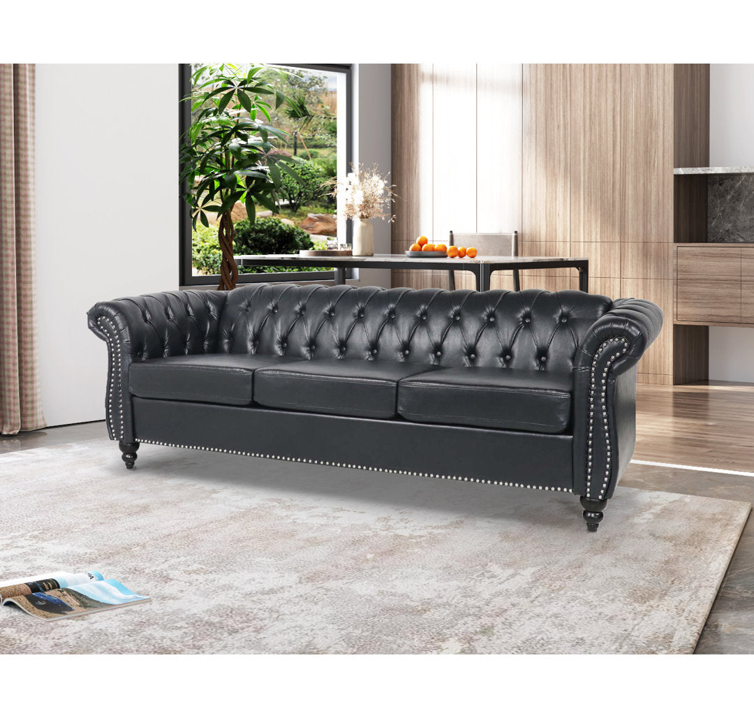 Chesterfield Button Tufted Backrest Multi-seat Upholstered Sofa Canora Grey Fabric: Black Faux Leather