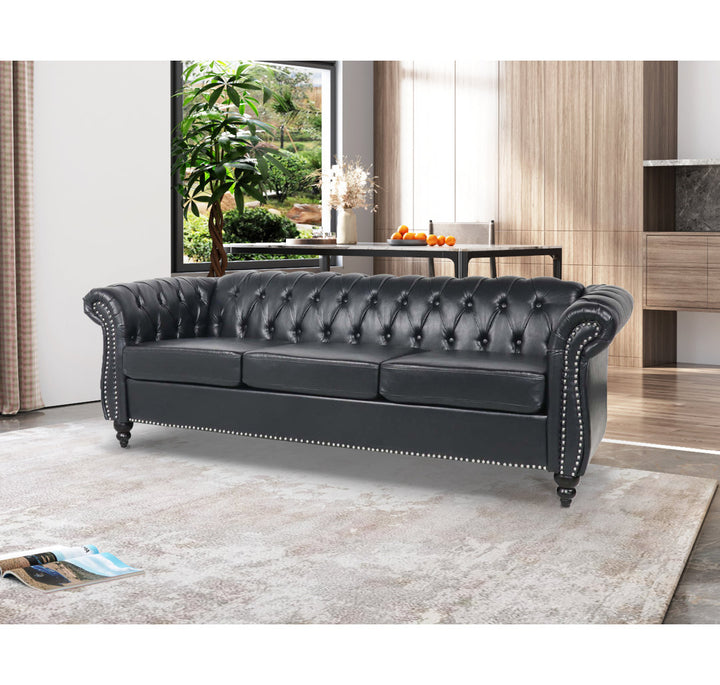 Chesterfield Button Tufted Backrest Multi-seat Upholstered Sofa Canora Grey Fabric: Black Faux Leather