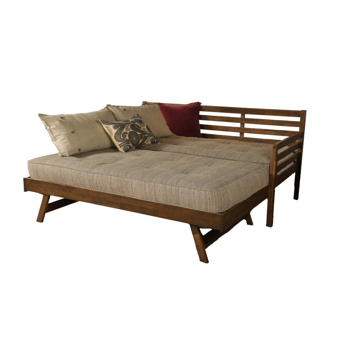 Alhamdi Boho Daybed and Pop-Up Bed with Mattresses Lark Manor™ Frame Color: Rustic Walnut, Mattress Color: Seaport Blue