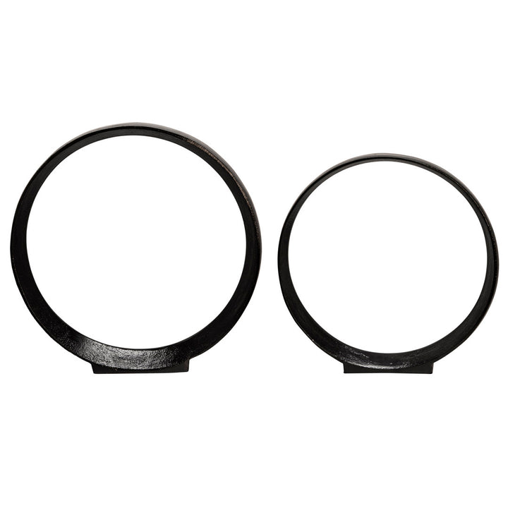 Set of 2 Metal Ring Sculptures - Modern Abstract Black Aluminum 12" and 14" Circular Sculpture Steelside™