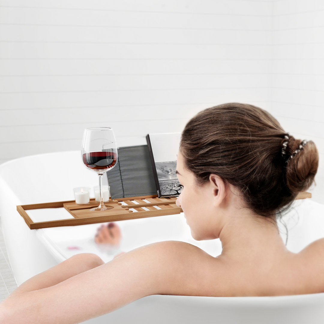 Gardner Bamboo Bathtub Tray - Wood Bath Caddy with Book, Phone, or Tablet Rest, Cup Holder, and Extended Sides for Bath Accessories by Home-Complete Rebrilliant