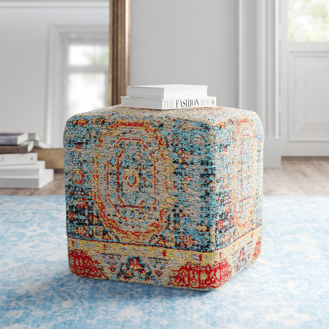 Cheekwood 18" Square Pouf Ottoman Kelly Clarkson Home Upholstery Color: Blue/Yellow