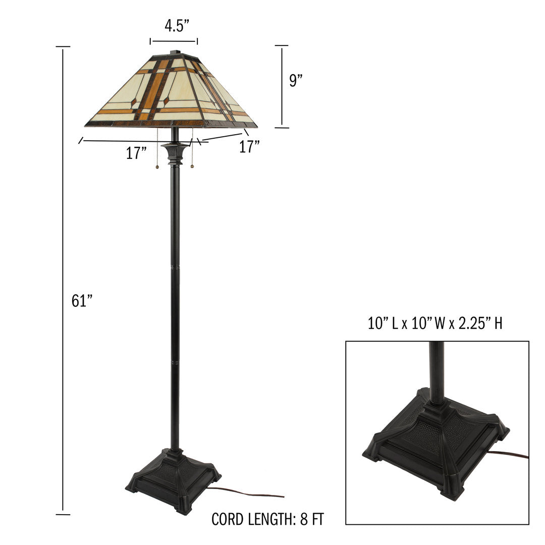 Damico 61" Tiffany Style Floor Lamp – Mission Design Standing Light with Art Glass Lampshade and 2 LED Bulbs – Vintage Look Accent Decor Millwood Pines