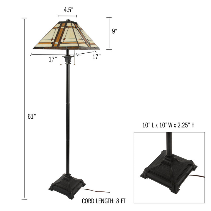 Damico 61" Tiffany Style Floor Lamp – Mission Design Standing Light with Art Glass Lampshade and 2 LED Bulbs – Vintage Look Accent Decor Millwood Pines