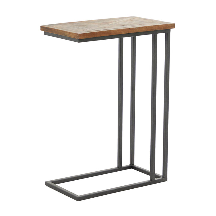 Metal C-Shaped Side End Black Accent Table with Brown Wood Top 17 Stories