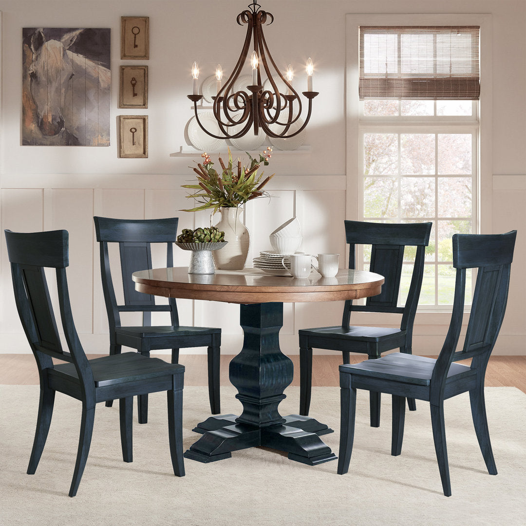 Fortville Rubberwood Solid Wood Pedestal Dining Table Three Posts™ Base Color: Antique Denim