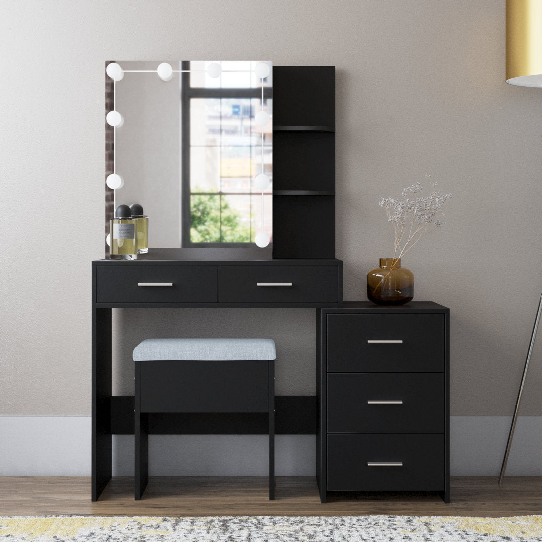 Calletano 44.3"Wide Makeup Vanity Set with Mirror Cabinet, Stool,5 Drawers Wade Logan® Color: Black
