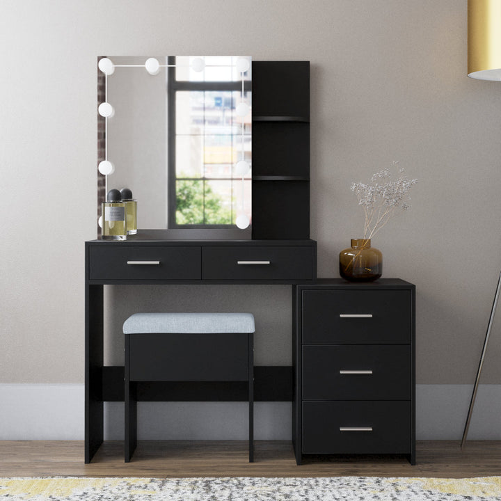 Calletano 44.3"Wide Makeup Vanity Set with Mirror Cabinet, Stool,5 Drawers Wade Logan® Color: Black